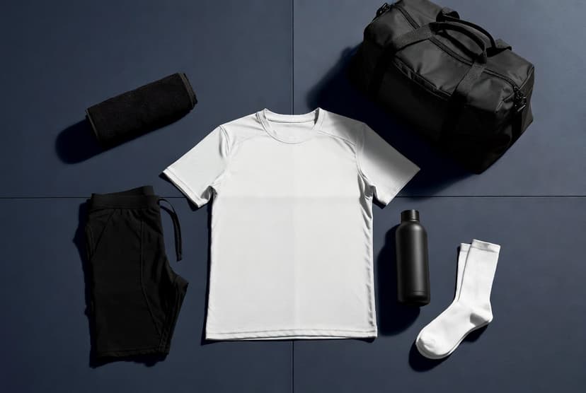 Flat lay med treningstøy, vannflaske, sokker og treningsbag – pakkeliste til første kampsporttrening