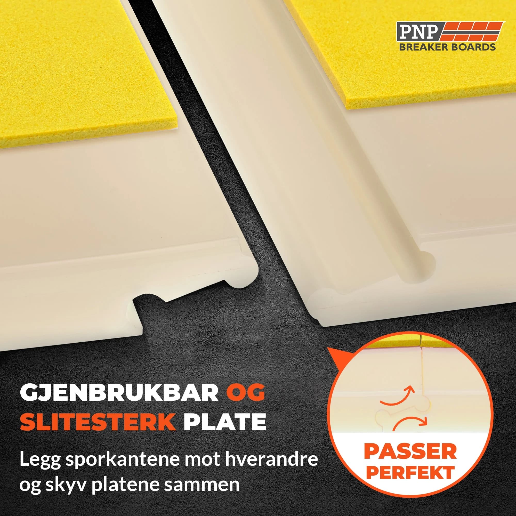PNP Breaker Boards brekkeplater med gul pute og hvite sporkanter som skyves sammen, «passer perfekt»-detalj