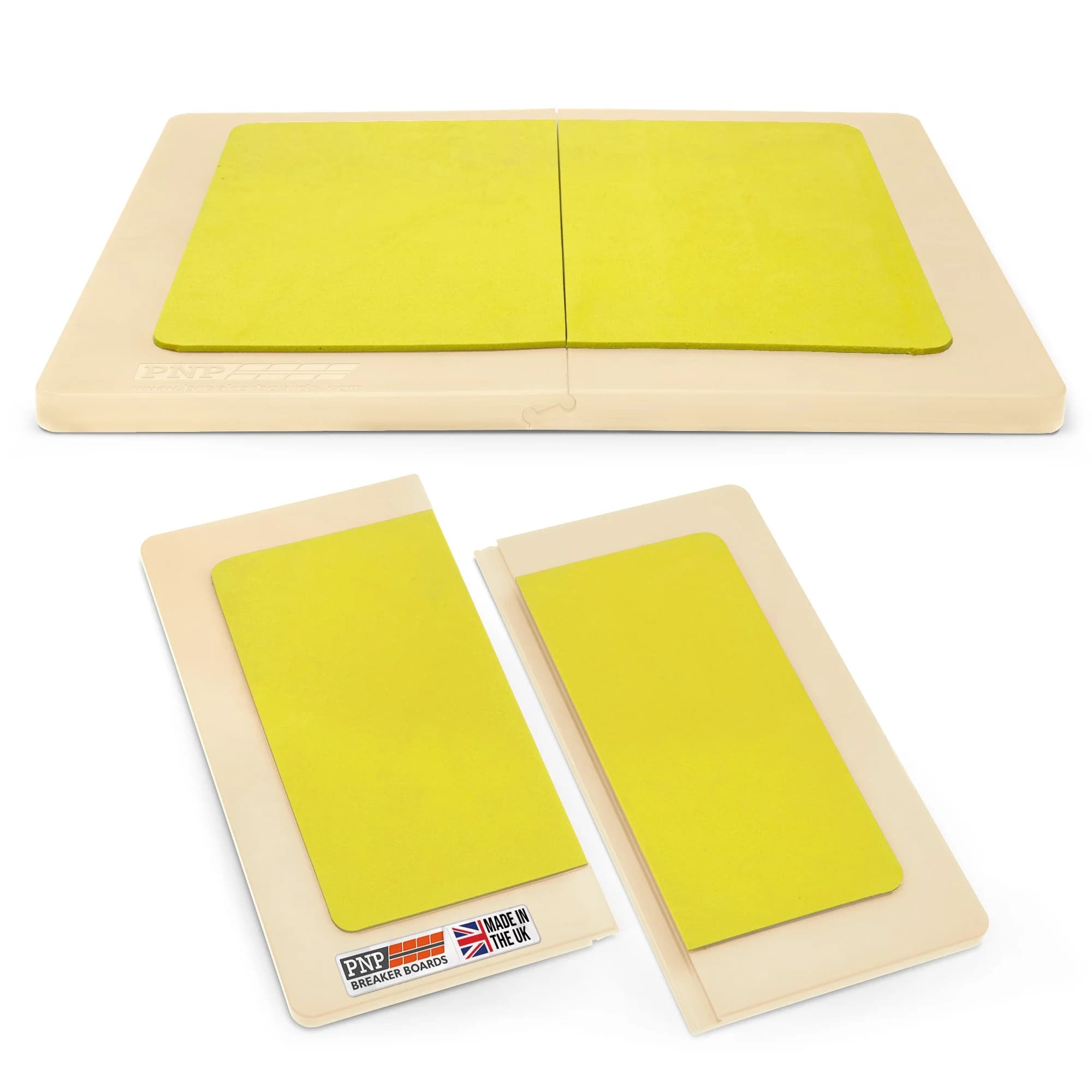 PNP brekkeplate nivå 1 i beige med gul pute, vist samlet og delt i to med Made in the UK-merke