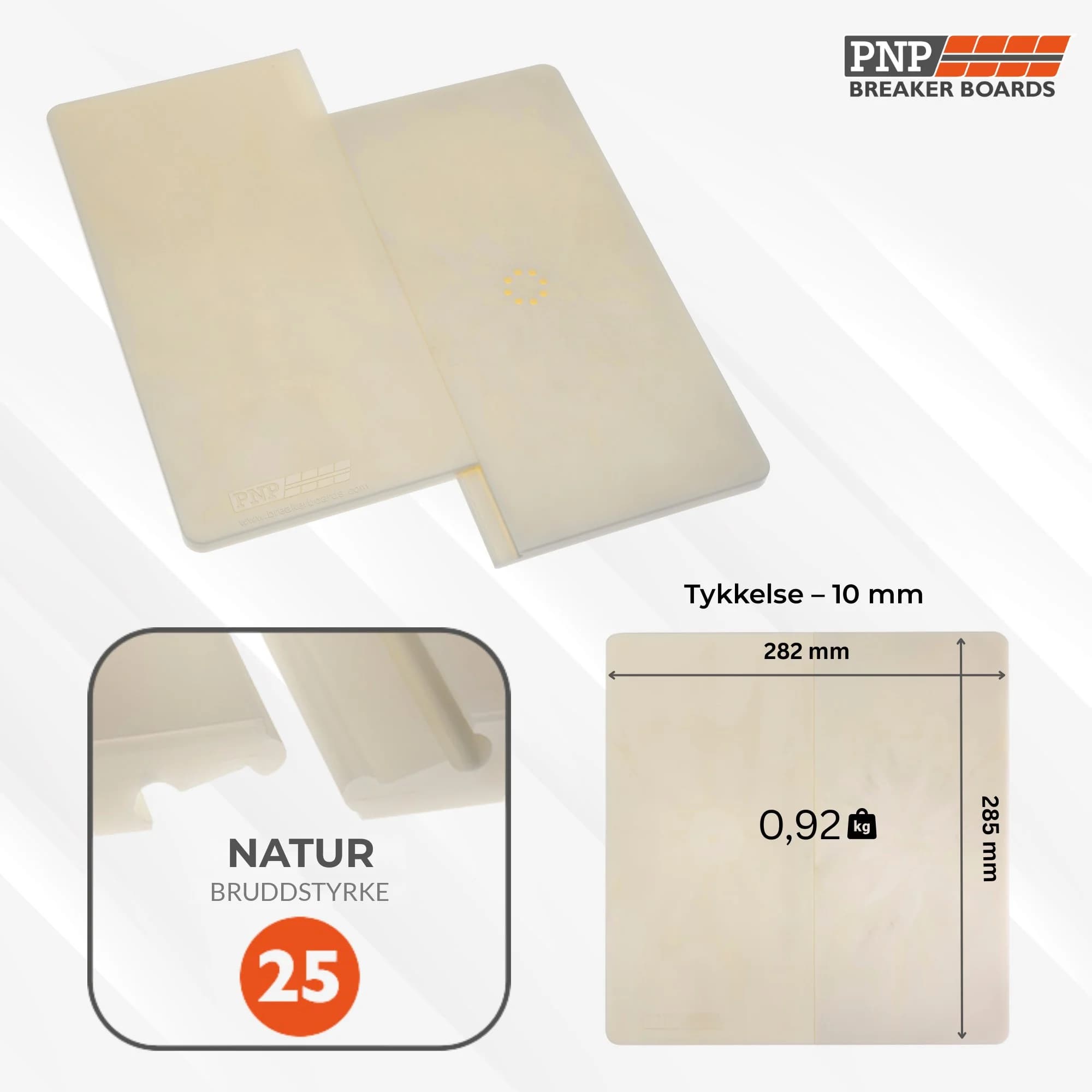 Mål på PNP brekkeplate 25 ft-lb natur: 282 x 285 mm, 10 mm tykk, 0,92 kg