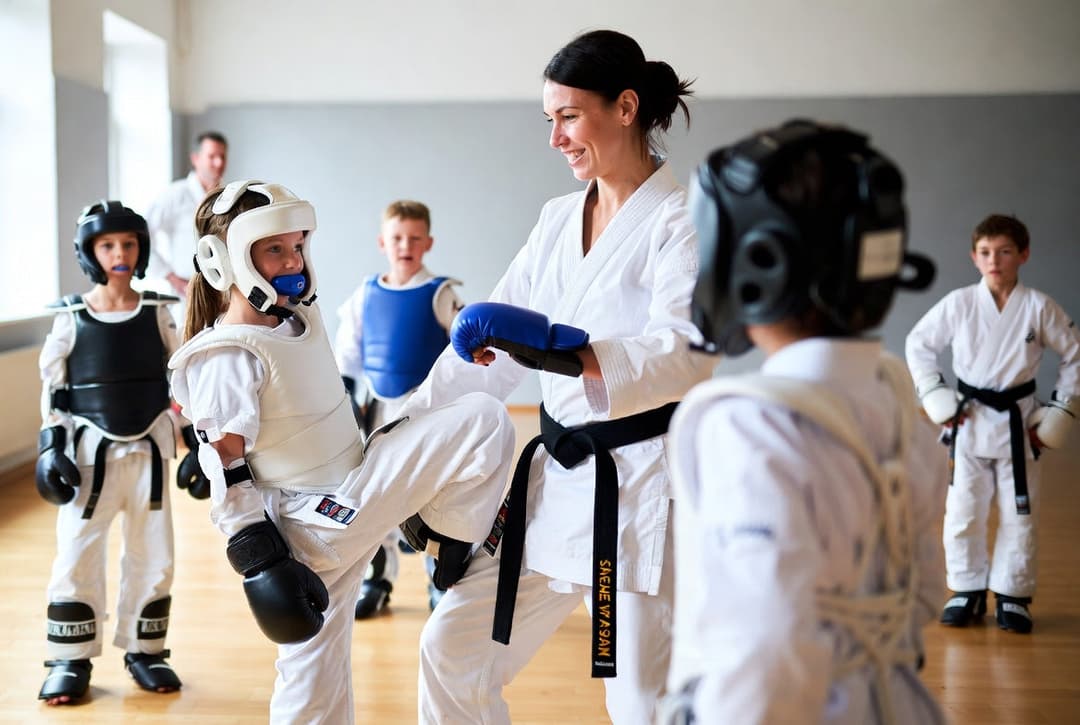 Barn trener kampsport med instruktør i et trygt og kontrollert miljø