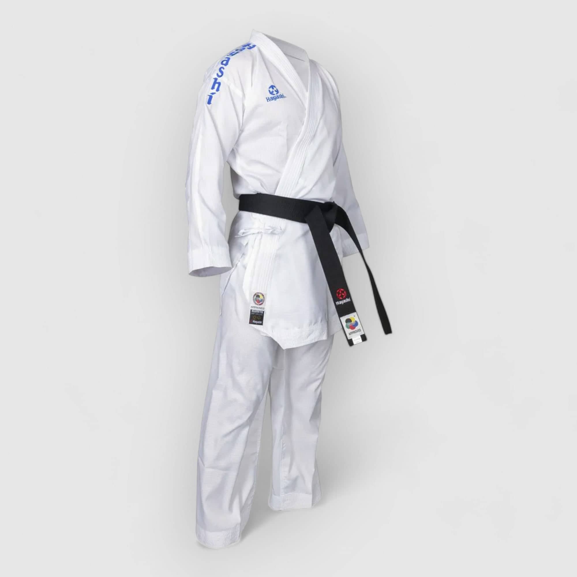 Hvit HAYASHI Air Deluxe karate-gi med blått eller rødt broderi