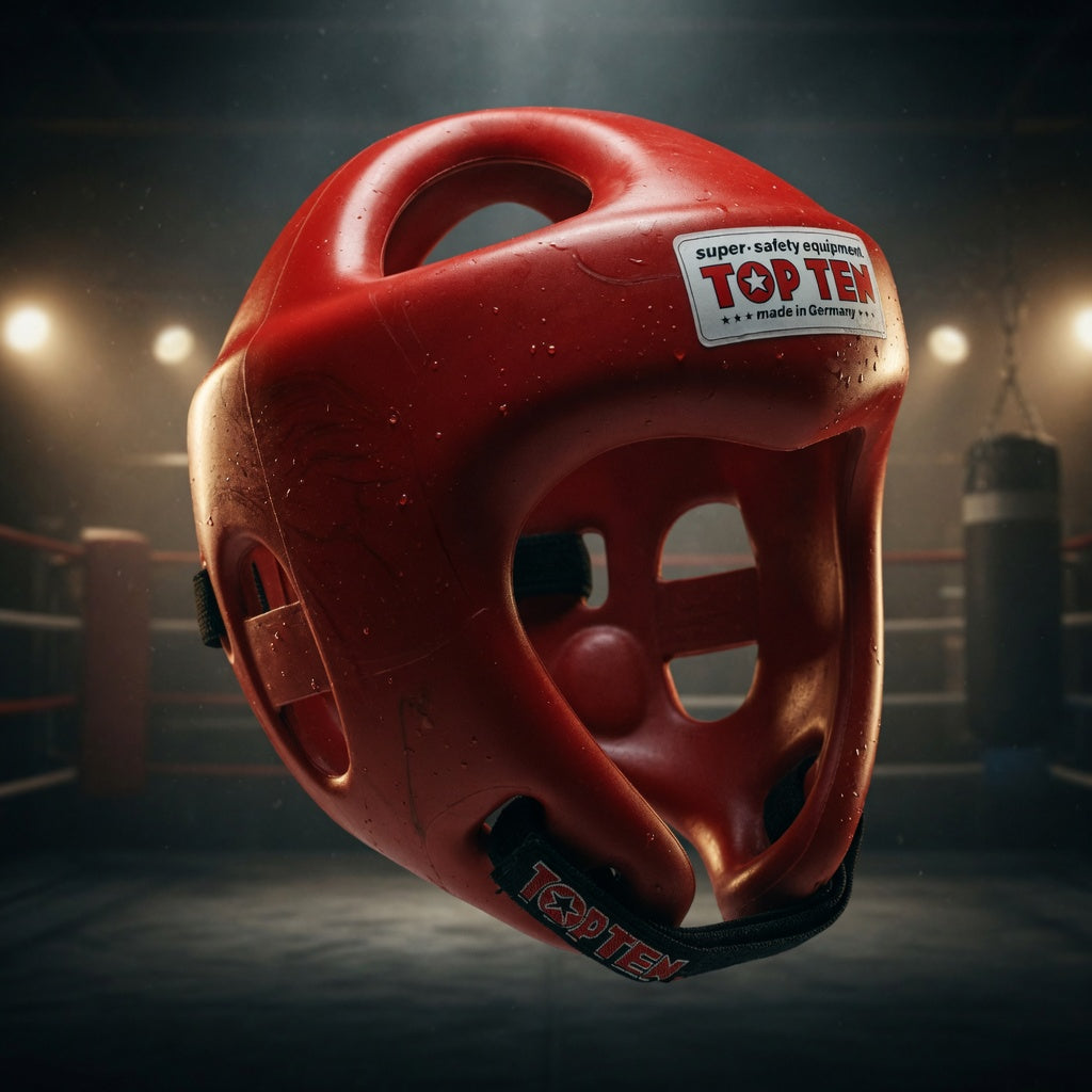 TOP TEN Fight hodebeskyttelse i rødt Bayflex, sett skrått forfra med åpen ansiktsåpning
