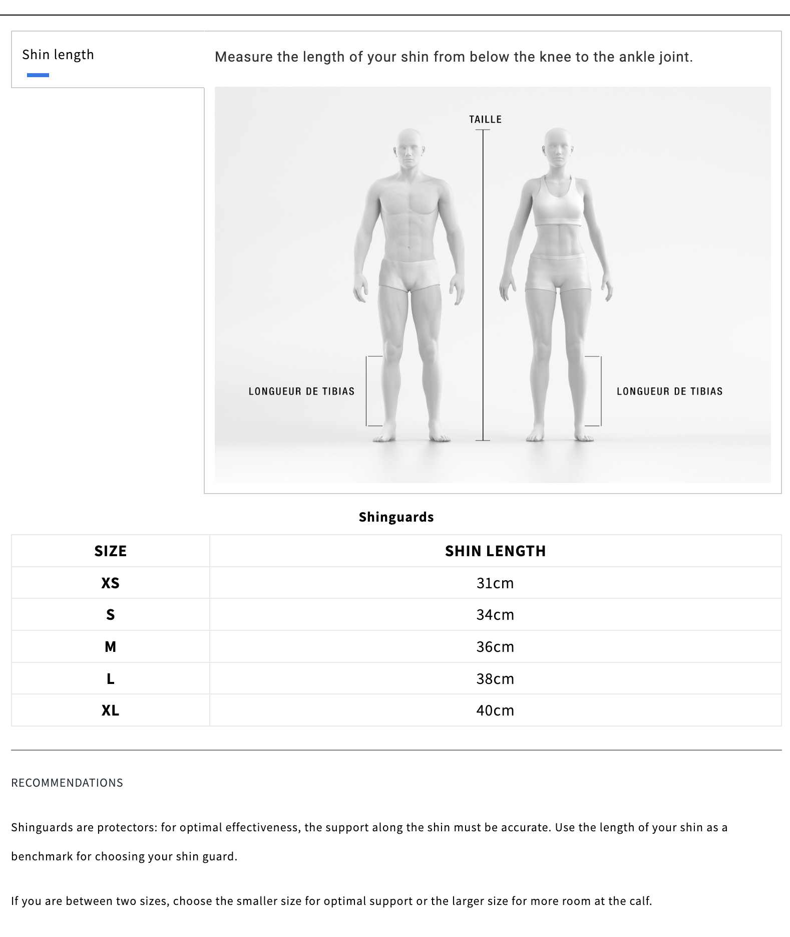 Størrelseguide Venum legg og vristbeskytter